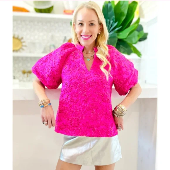 THML Pink Jacquard Allison Top Size XS NWOT Puff Sleeves - Picture 2 of 10